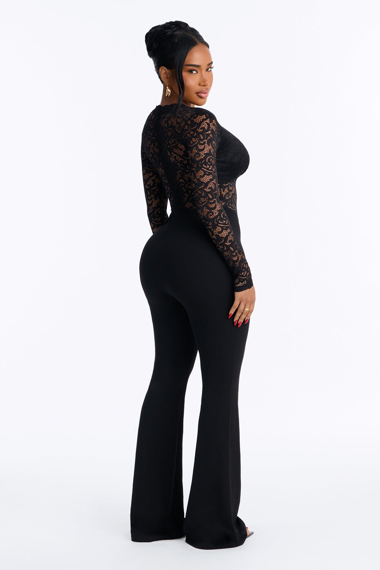 Make Him Wait Lace Long Sleeve Wide Leg Jumpsuit - Black.
