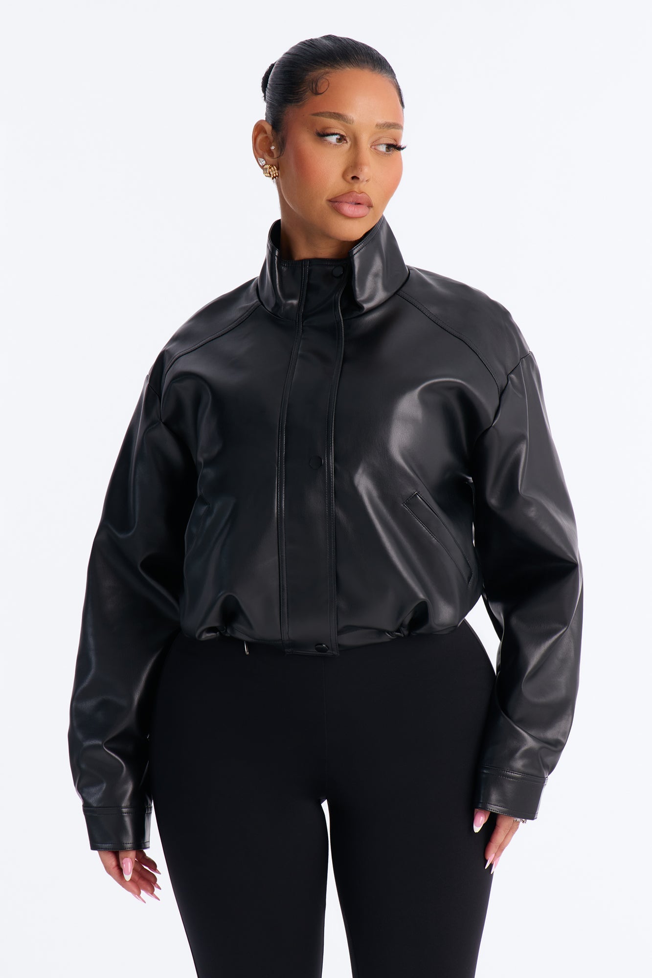 Francesca Faux Leather Funnel Neck Bomber Jacket - Black.