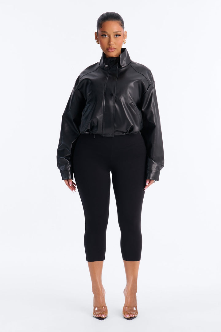 Francesca Faux Leather Funnel Neck Bomber Jacket - Black.