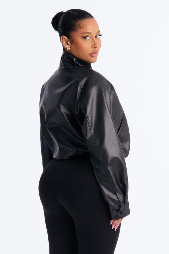 Francesca Faux Leather Funnel Neck Bomber Jacket - Black.