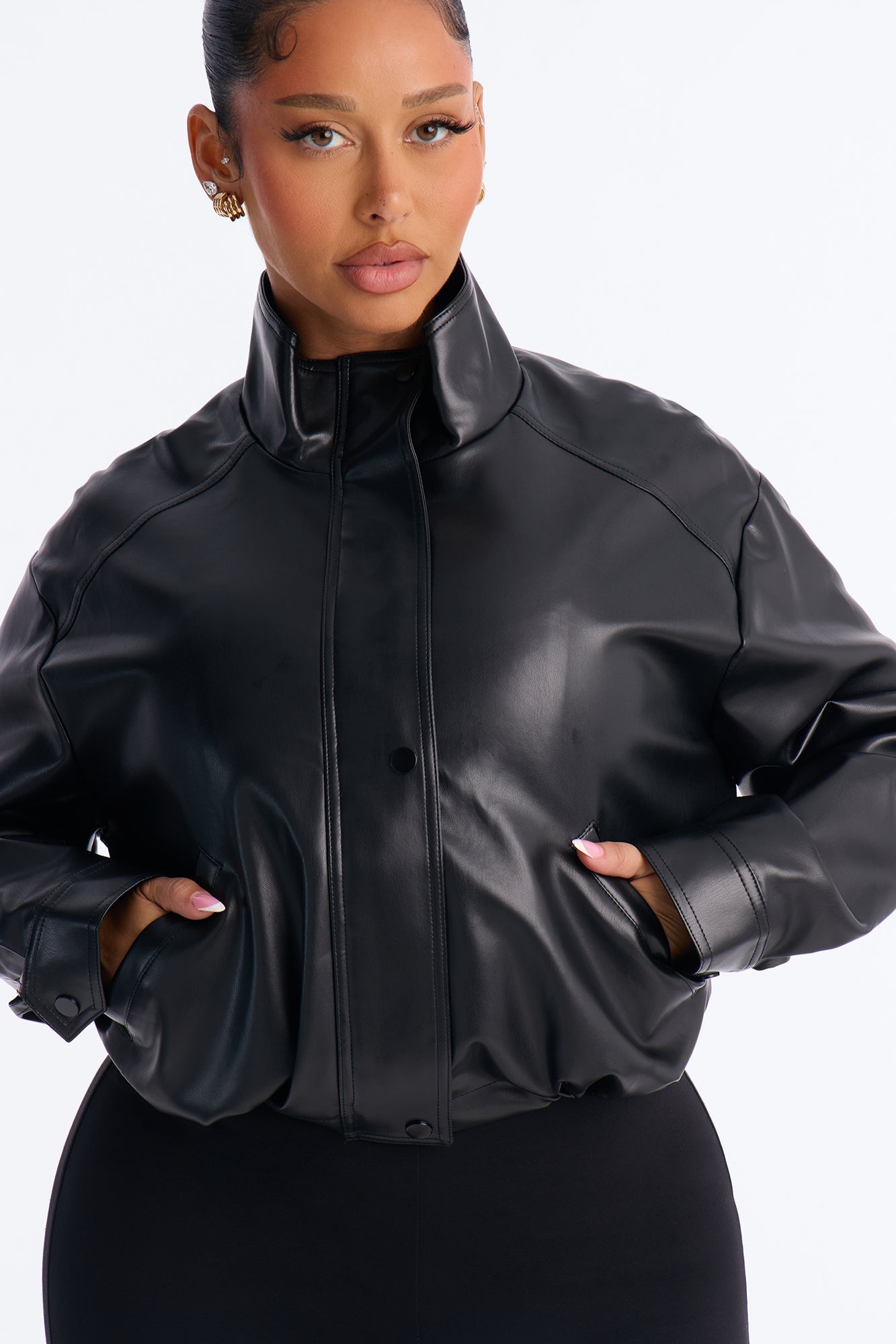 Francesca Faux Leather Funnel Neck Bomber Jacket - Black.