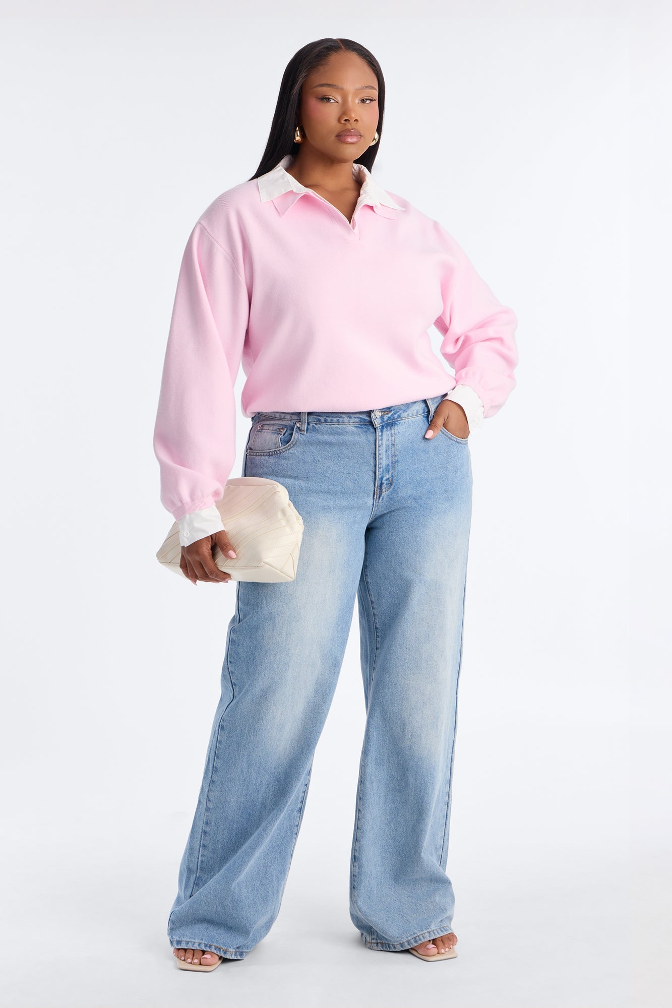 Clocked In Poplin Collar Sweater - Light Pink.