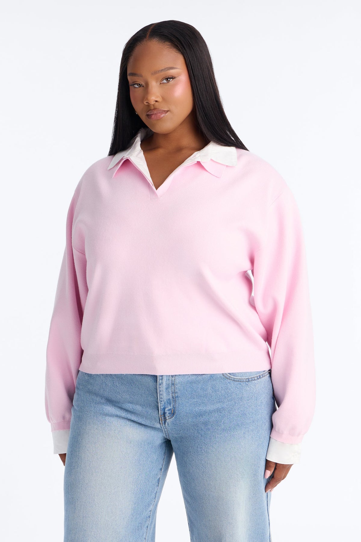 Clocked In Poplin Collar Sweater - Light Pink.
