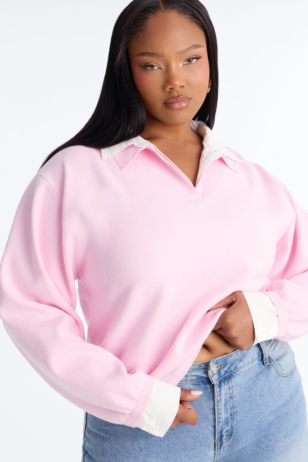 Clocked In Poplin Collar Sweater - Light Pink.