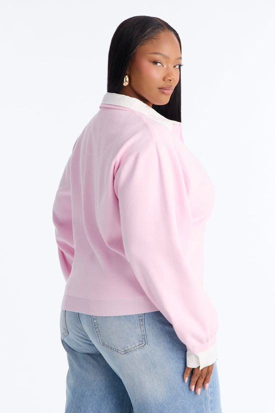Clocked In Poplin Collar Sweater - Light Pink.