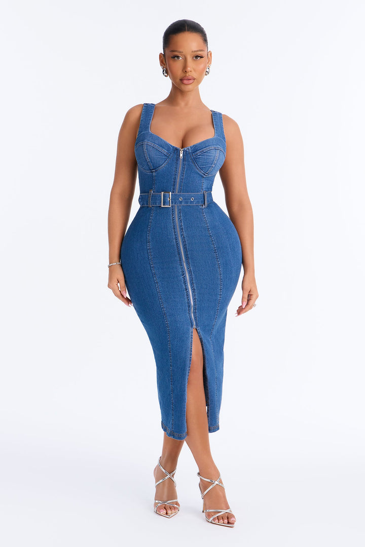 Ellie Belted Denim Midi Dress - Denim.