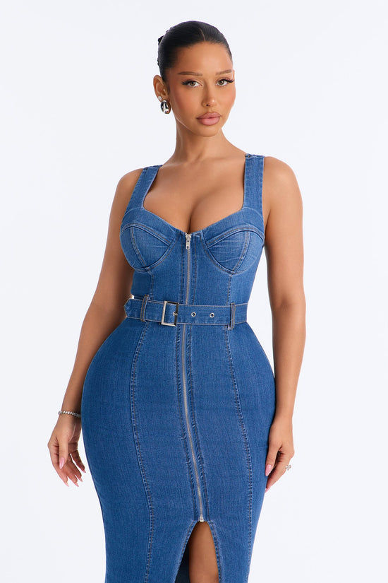 Ellie Belted Denim Midi Dress - Denim.