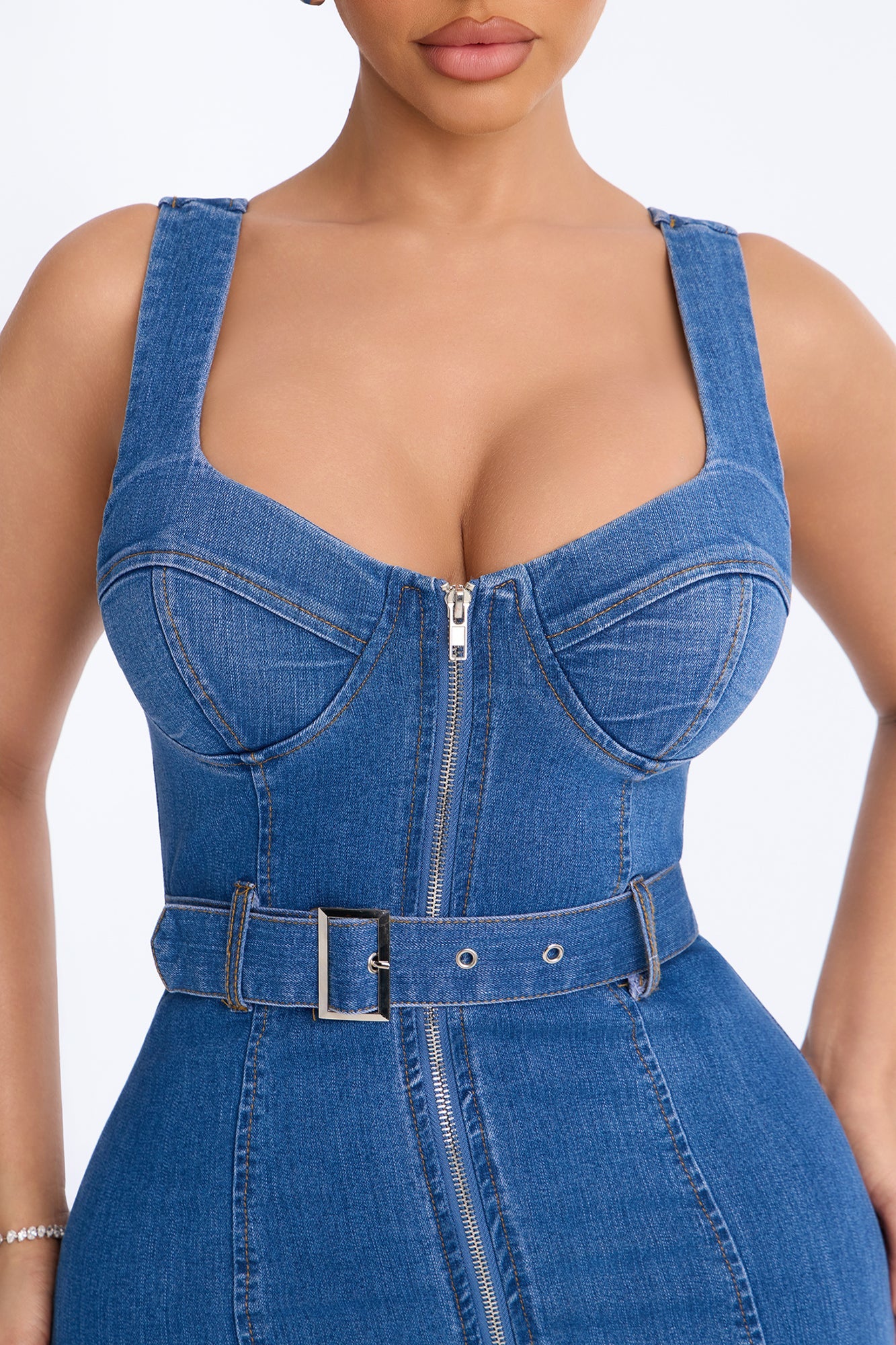Ellie Belted Denim Midi Dress - Denim.