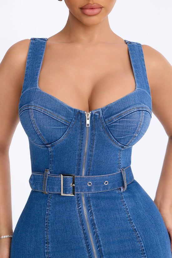 Ellie Belted Denim Midi Dress - Denim.