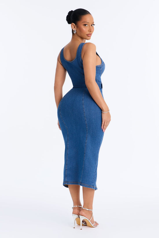 Ellie Belted Denim Midi Dress - Denim.