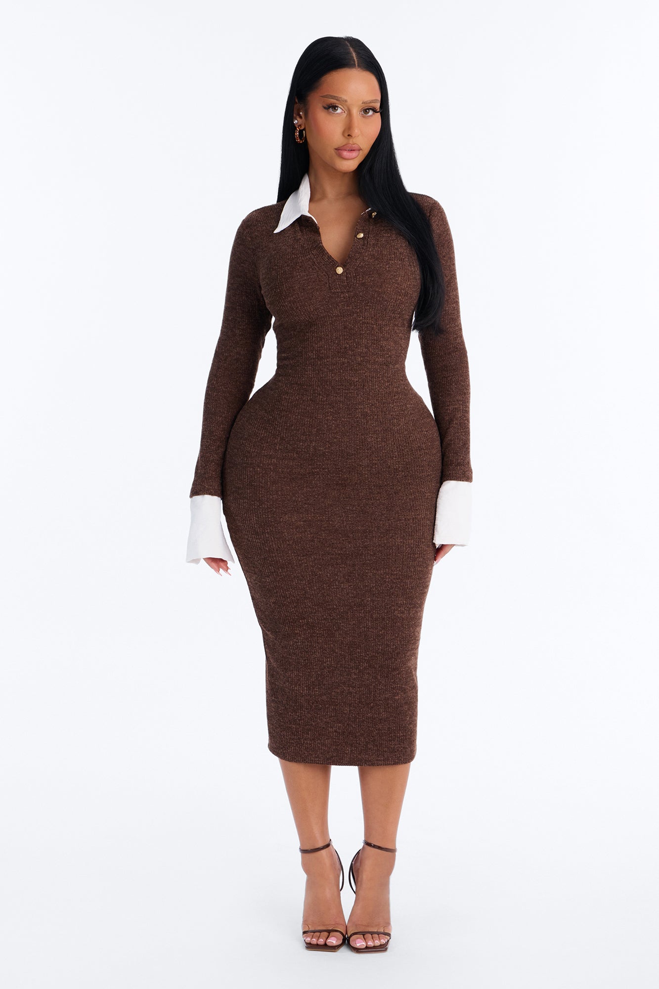 Office Beauty Of The Week Collar Midi Dress - Brown.