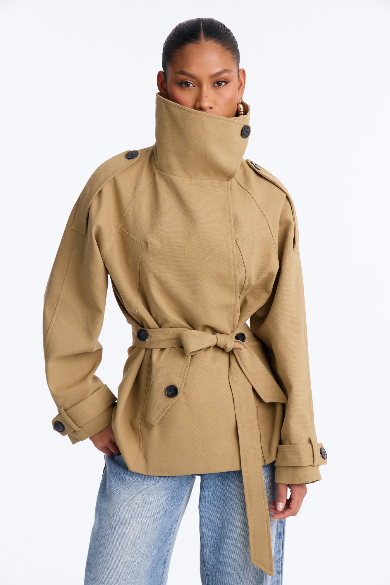 The Savannah Everyday Funnel Neck Twill Jacket - Khaki.