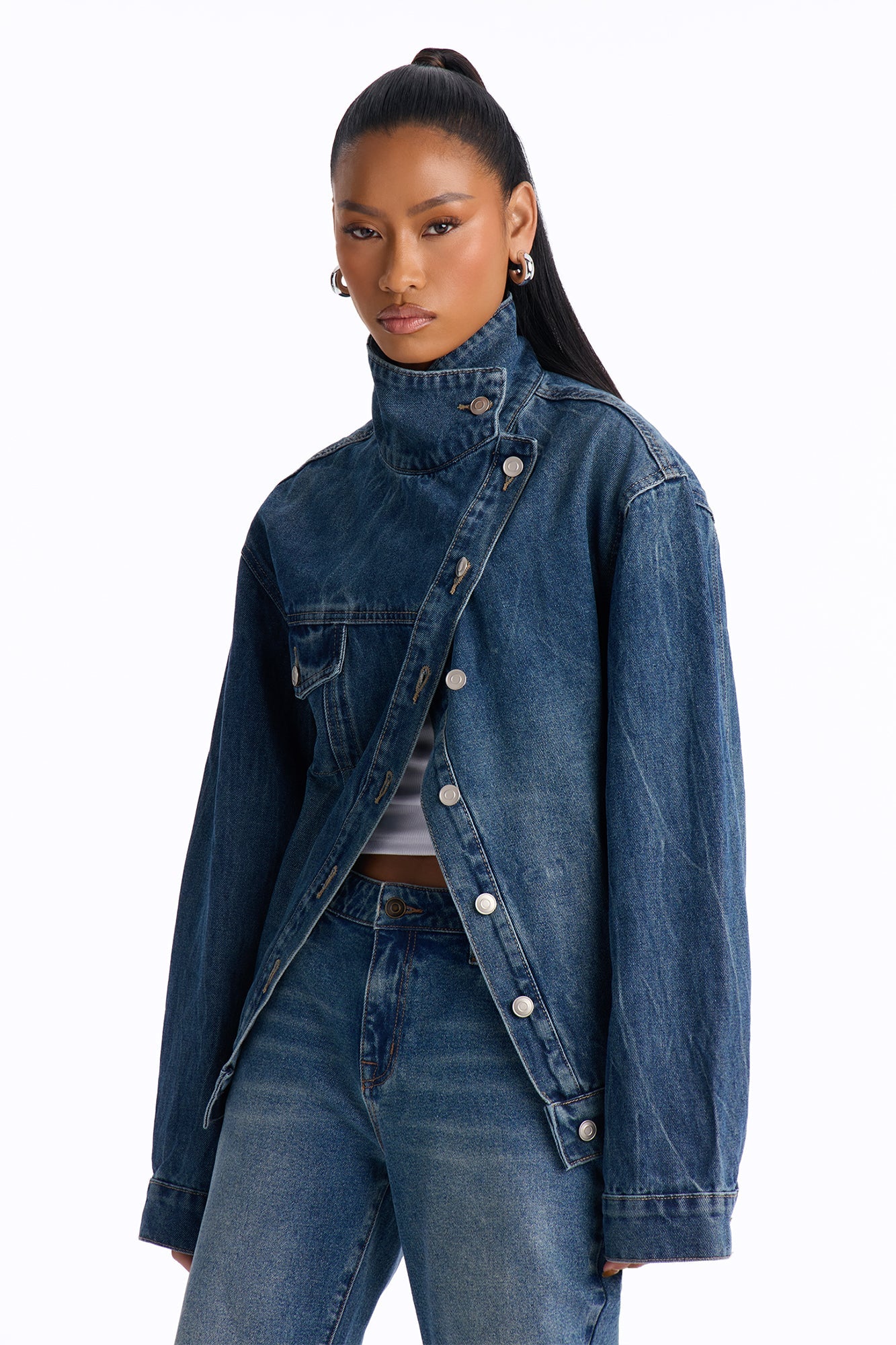 Elora Crossover Funnel Neck Denim Trucker Jacket - Dark Wash.