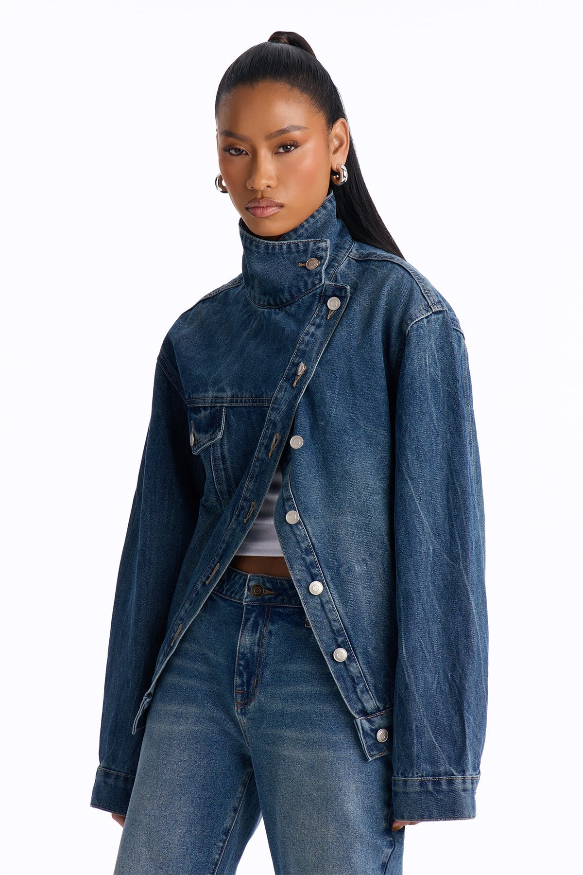 Elora Crossover Funnel Neck Denim Trucker Jacket - Dark Wash.