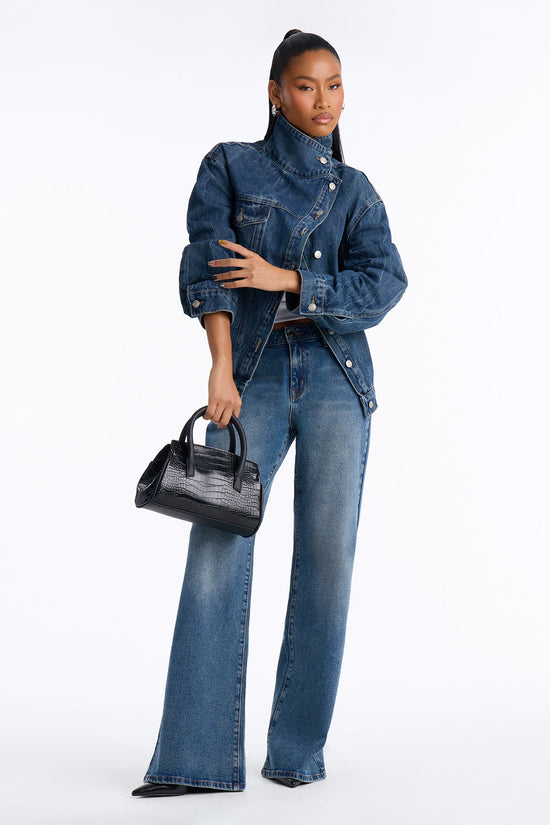 Elora Crossover Funnel Neck Denim Trucker Jacket - Dark Wash.