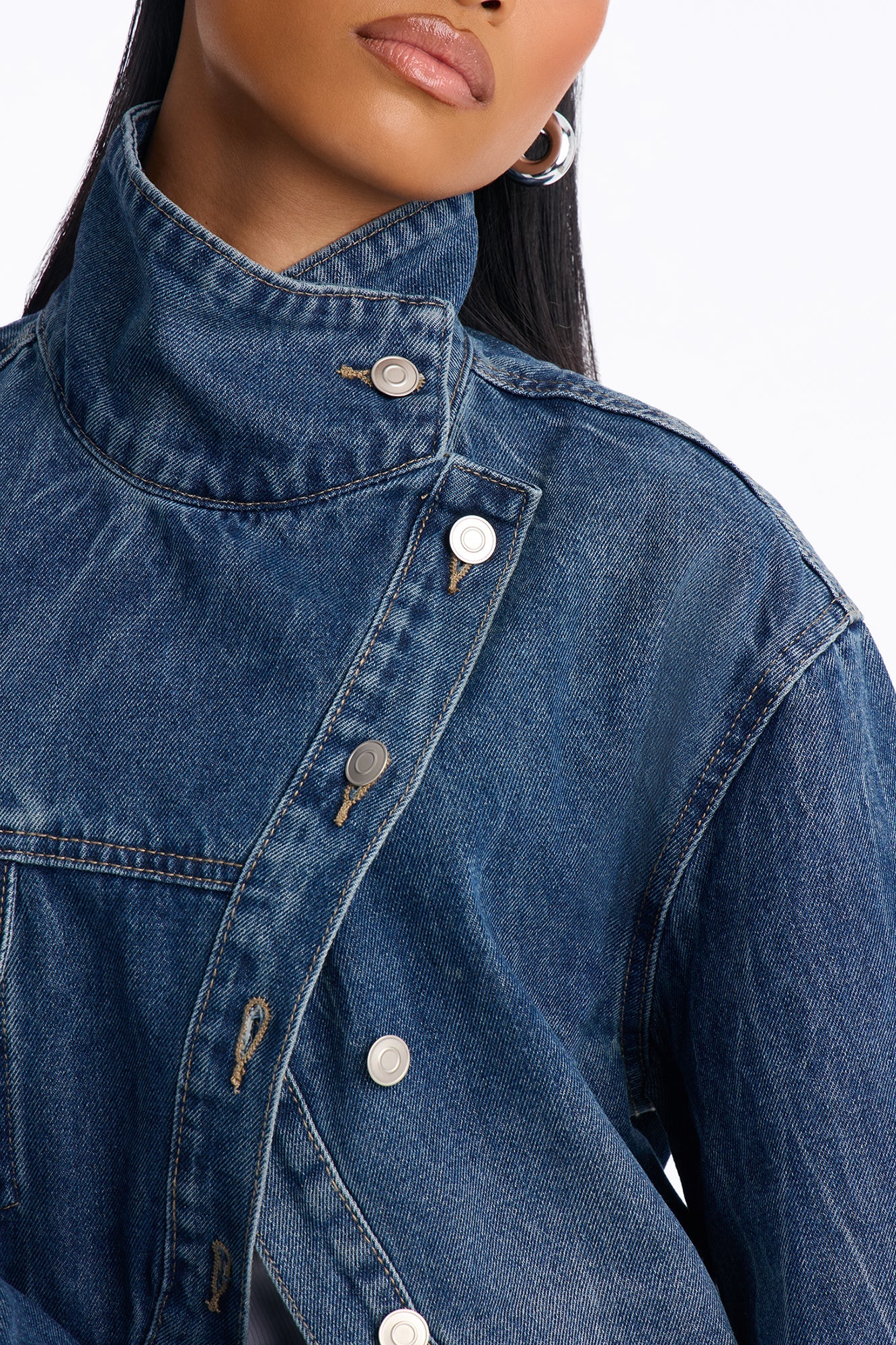 Elora Crossover Funnel Neck Denim Trucker Jacket - Dark Wash.