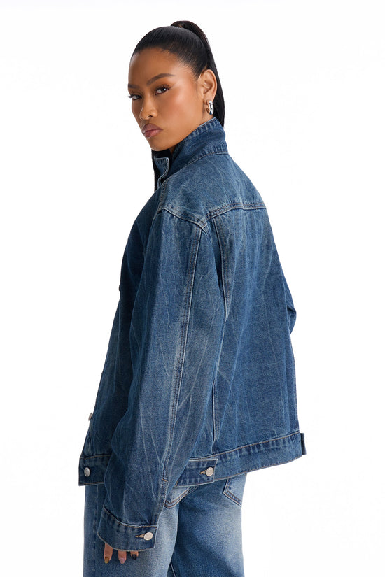 Elora Crossover Funnel Neck Denim Trucker Jacket - Dark Wash.