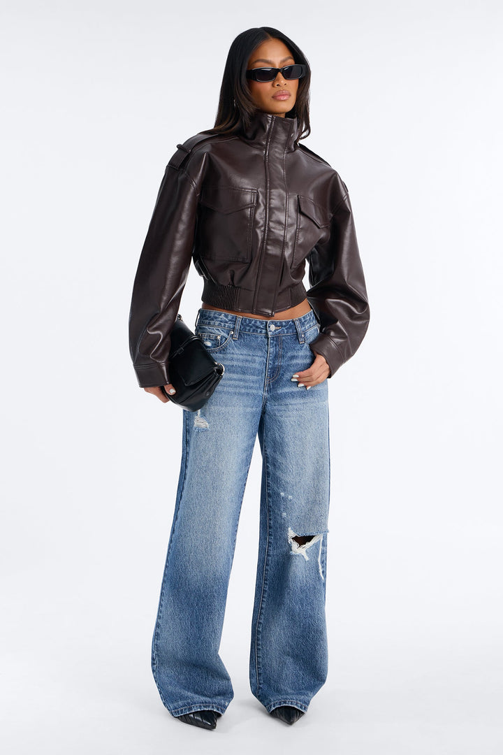 Midnight Moves Faux Leather Bomber Jacket - Chocolate.
