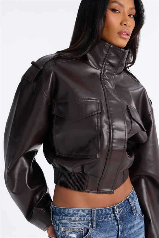 Midnight Moves Faux Leather Bomber Jacket - Chocolate.