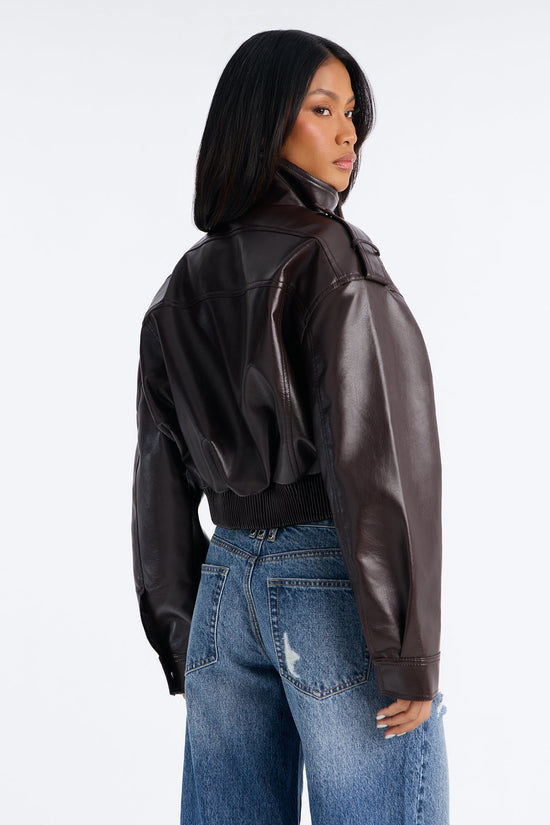 Midnight Moves Faux Leather Bomber Jacket - Chocolate.