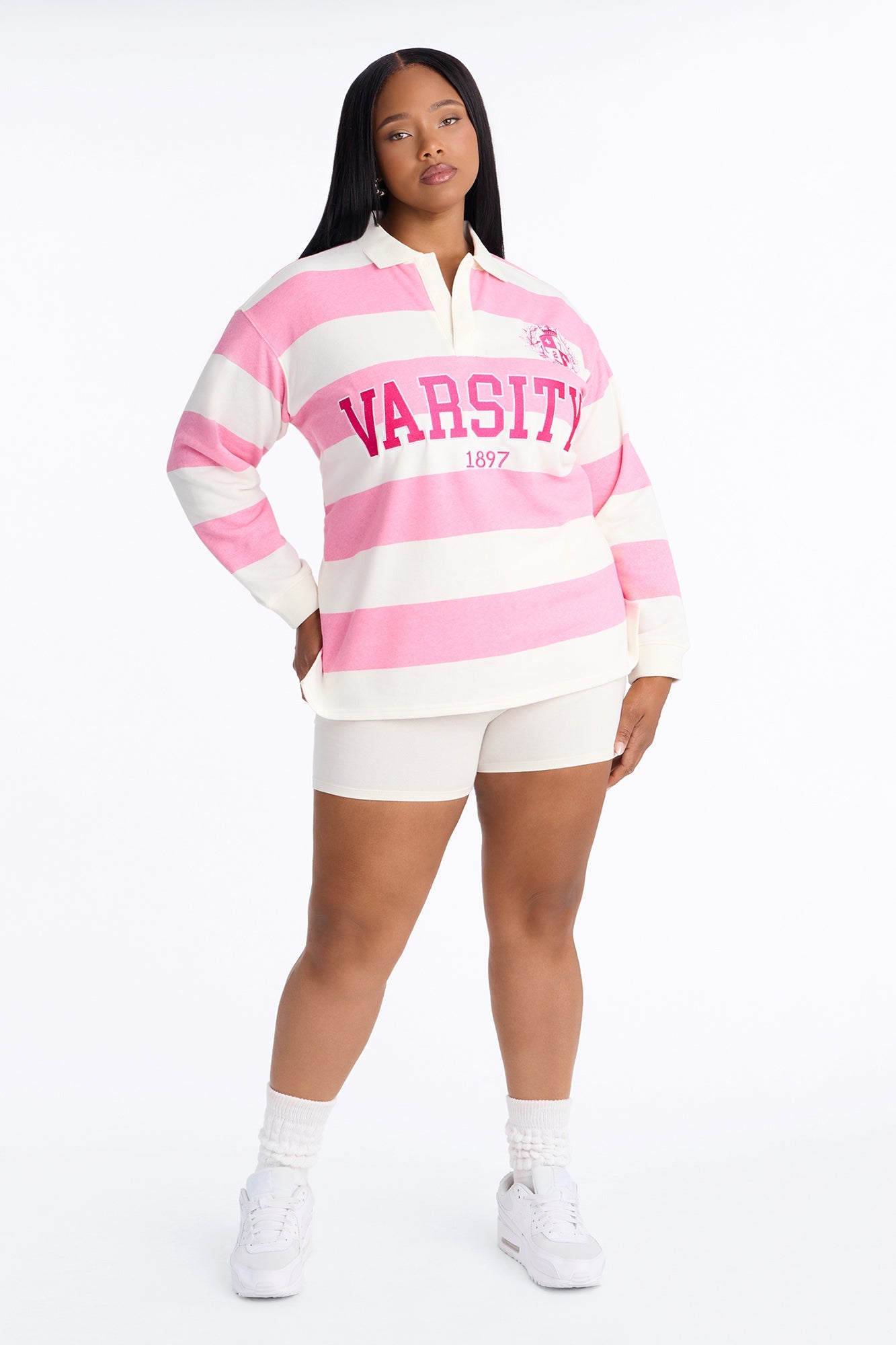 Varsity Striped Long Sleeve Polo - Pink.