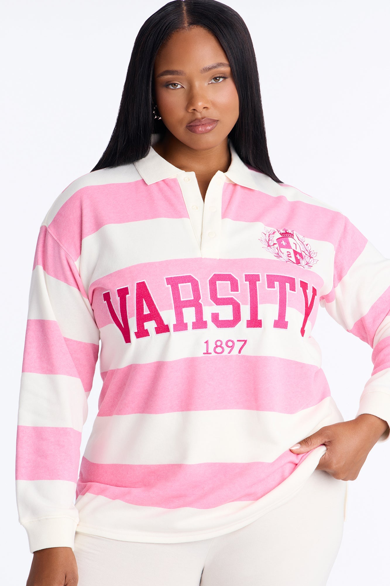 Varsity Striped Long Sleeve Polo - Pink.