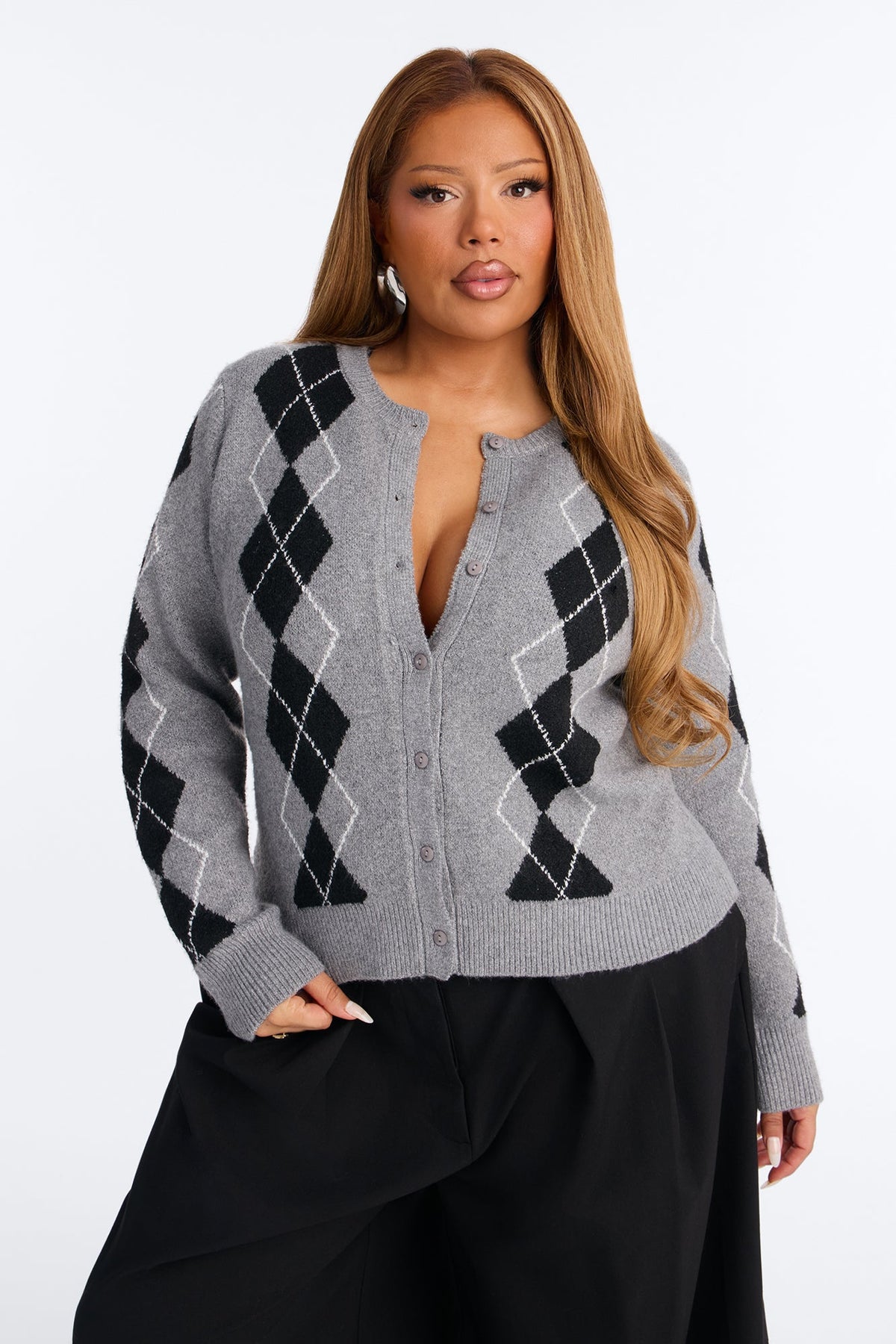 She Reads Argyle Sweater - Grey/combo.