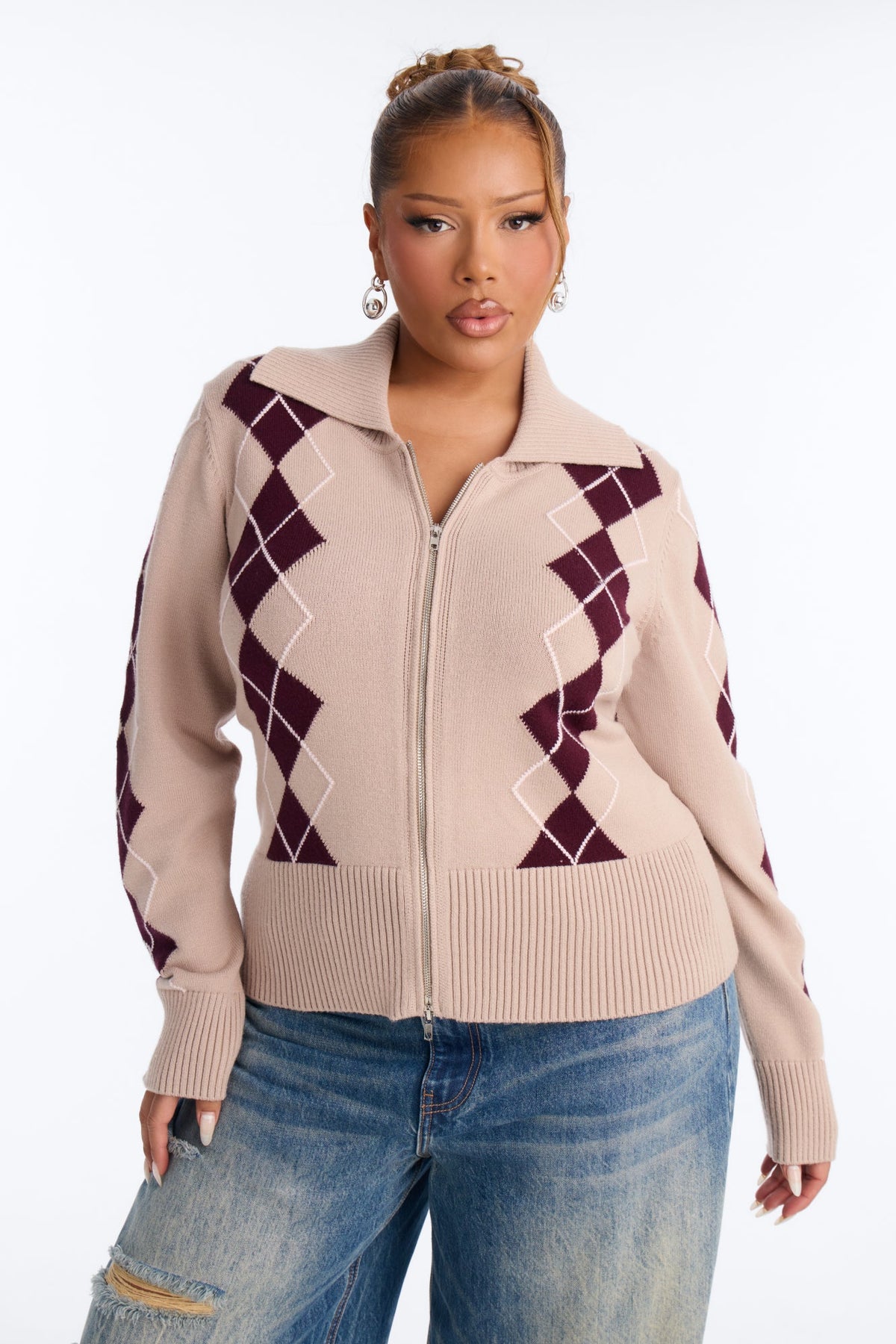Status Update Front Zip Argyle Cardigan - Oatmeal/combo.