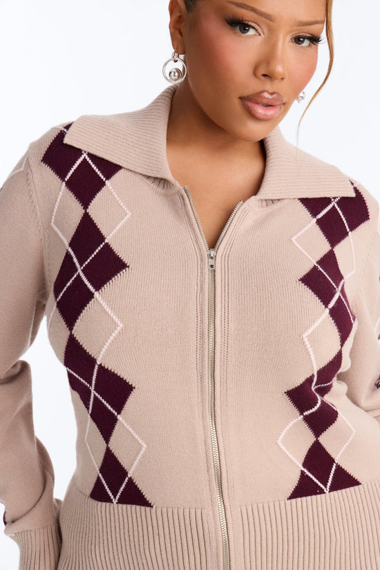 Status Update Front Zip Argyle Cardigan - Oatmeal/combo.