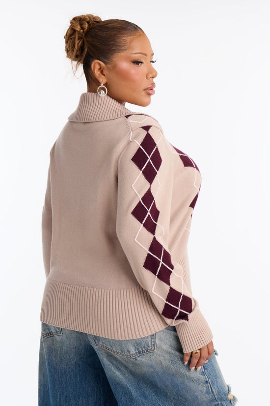 Status Update Front Zip Argyle Cardigan - Oatmeal/combo.