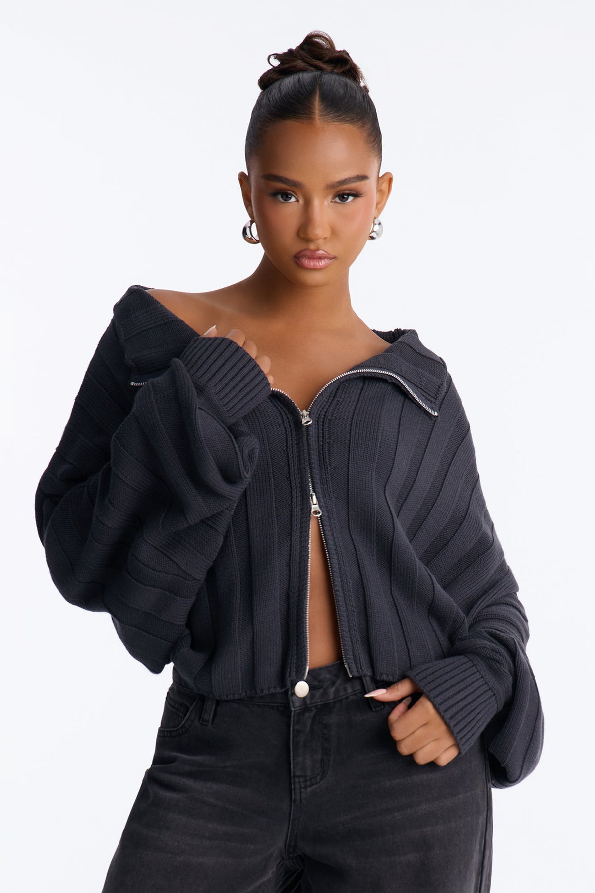 Cozy Girl Zip Front Cropped Cardigan Sweater - Charcoal.