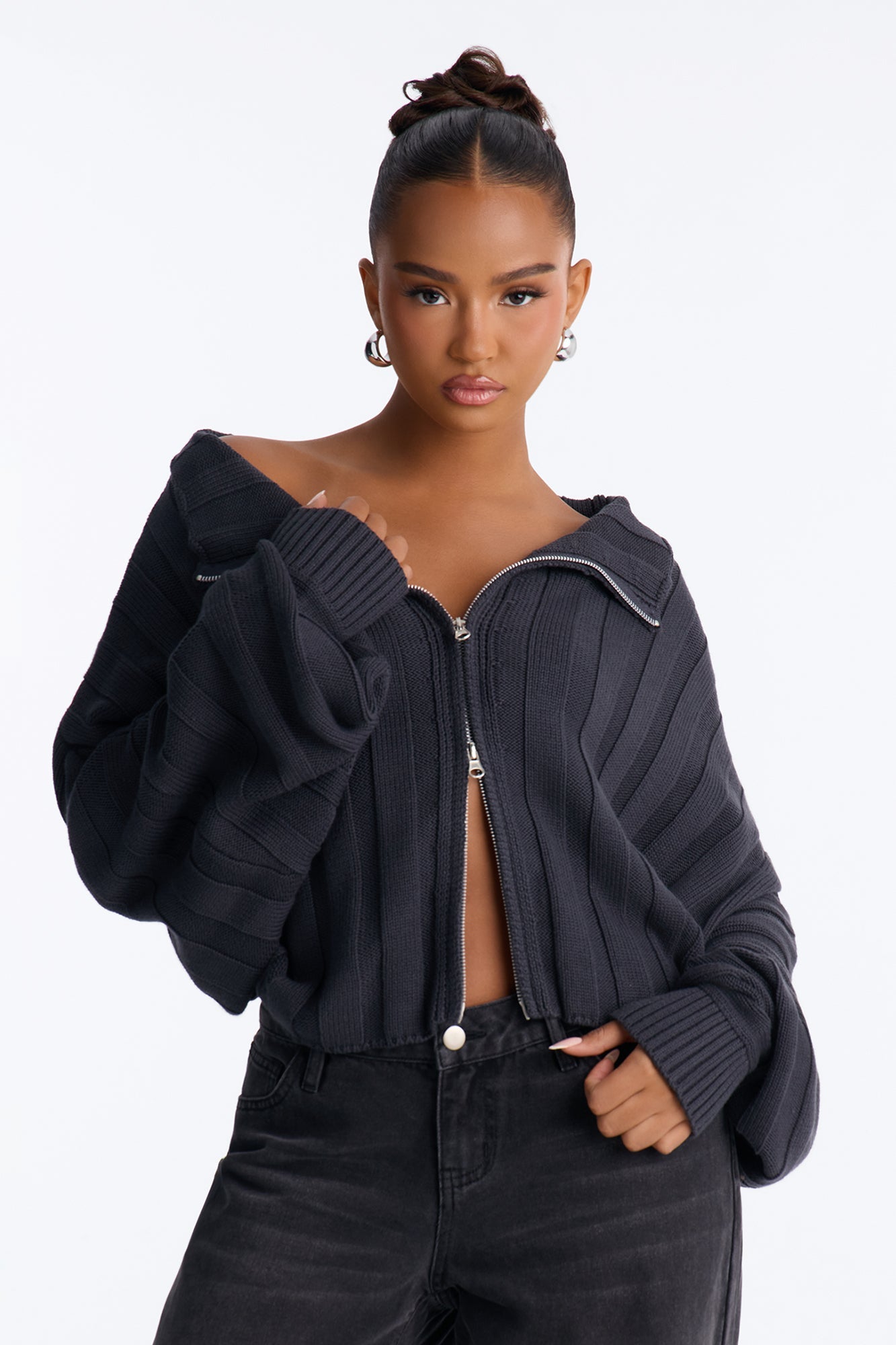Cozy Girl Zip Front Cropped Cardigan Sweater - Charcoal.
