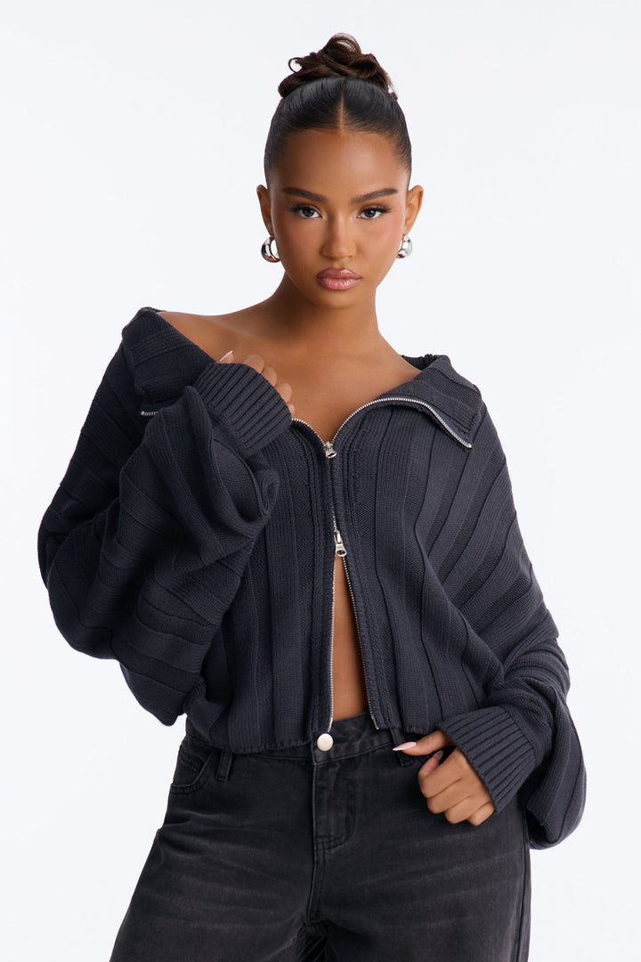 Cozy Girl Zip Front Cropped Cardigan Sweater - Charcoal.