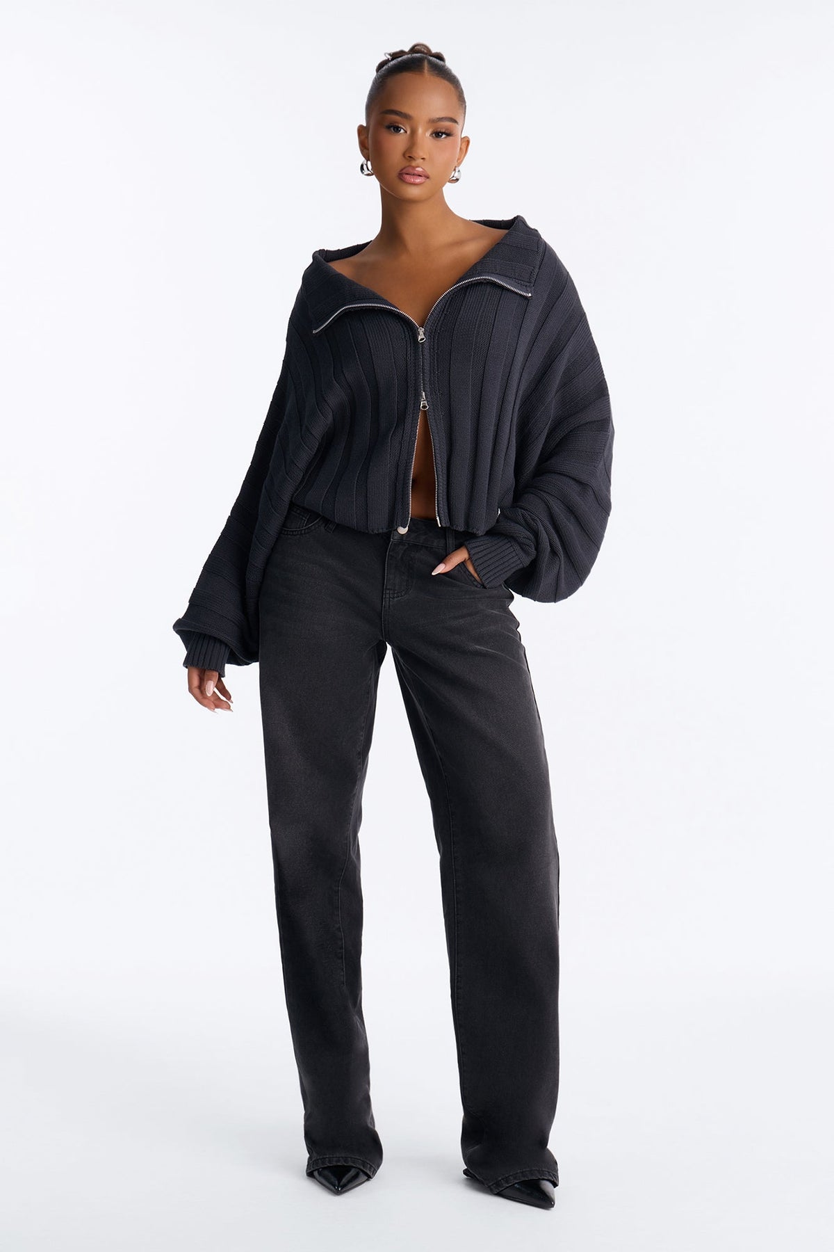 Cozy Girl Zip Front Cropped Cardigan Sweater - Charcoal.