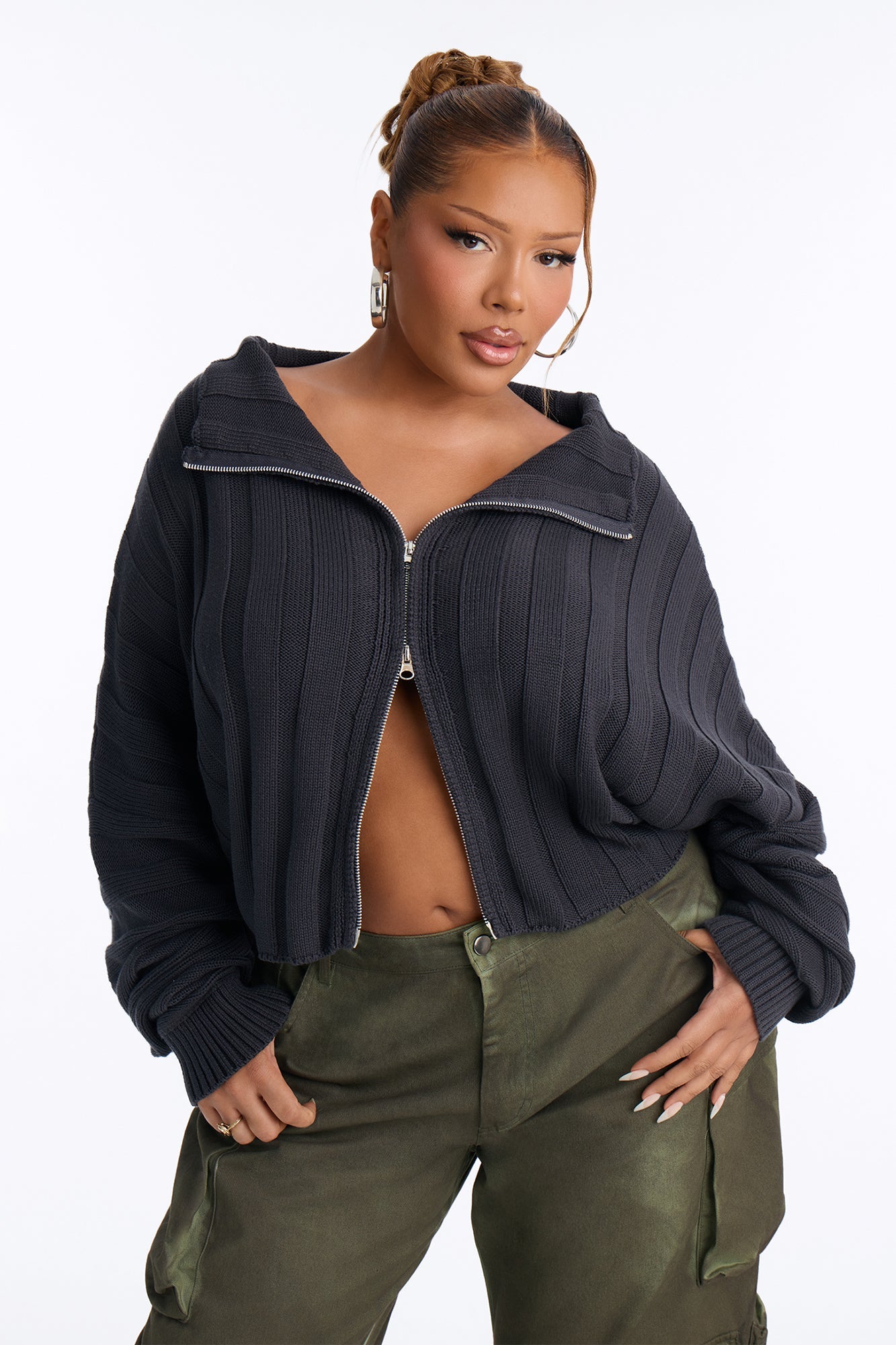 Cozy Girl Zip Front Cropped Cardigan Sweater - Charcoal.