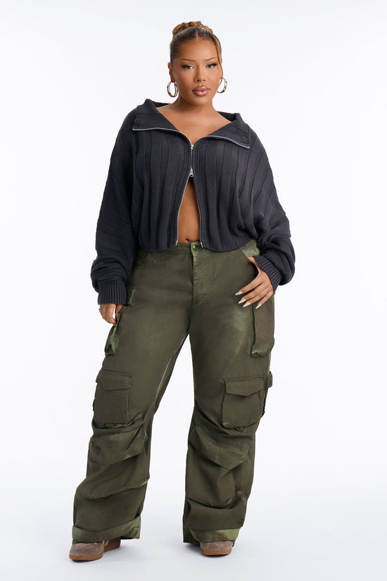 Cozy Girl Zip Front Cropped Cardigan Sweater - Charcoal.