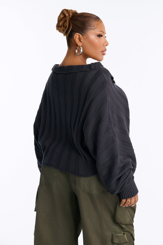 Cozy Girl Zip Front Cropped Cardigan Sweater - Charcoal.