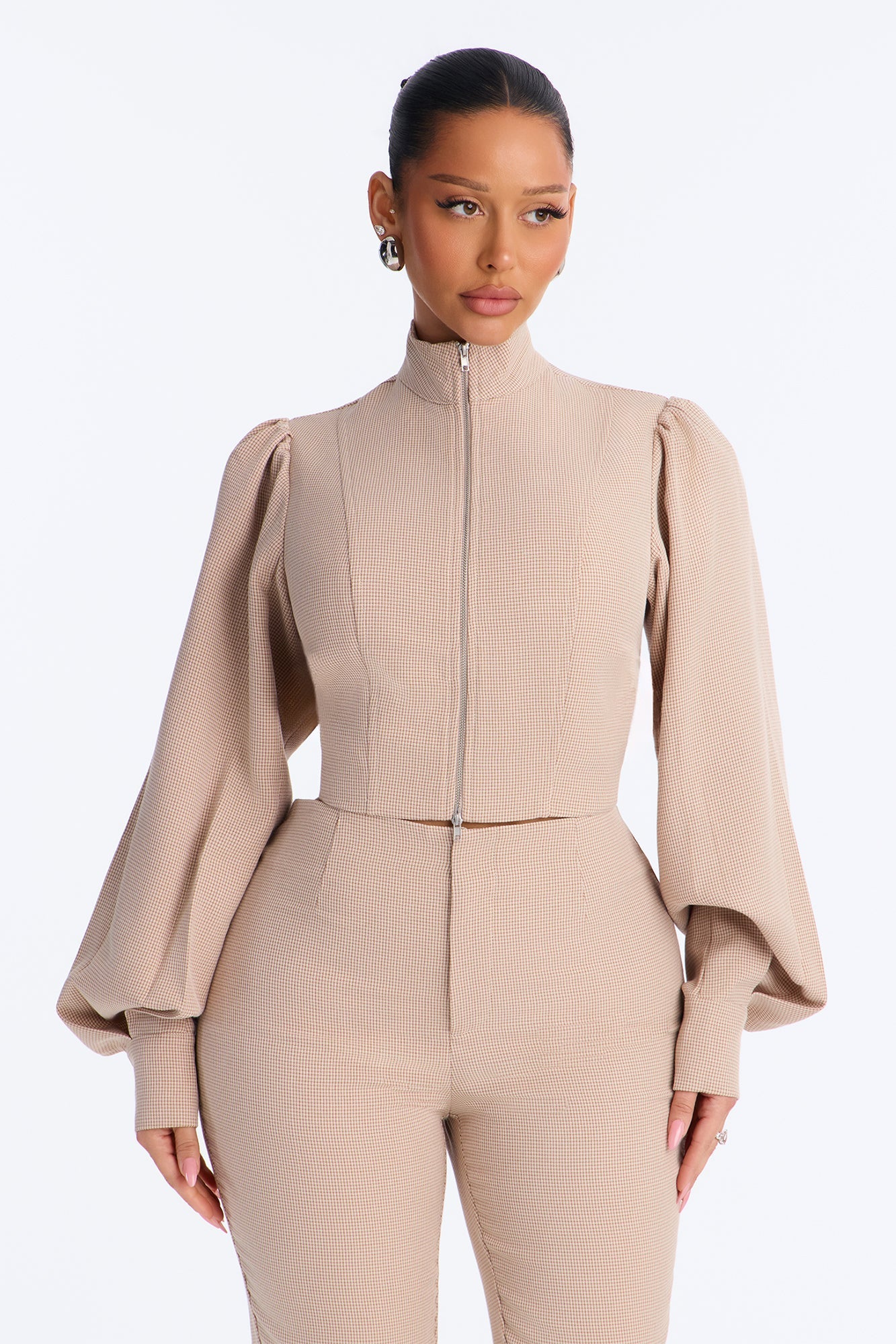 Darling Daywear Balloon Sleeve Mock Neck Plaid Jacket - Beige.