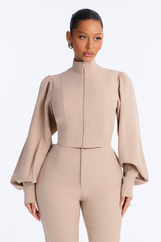 Darling Daywear Balloon Sleeve Mock Neck Plaid Jacket - Beige.