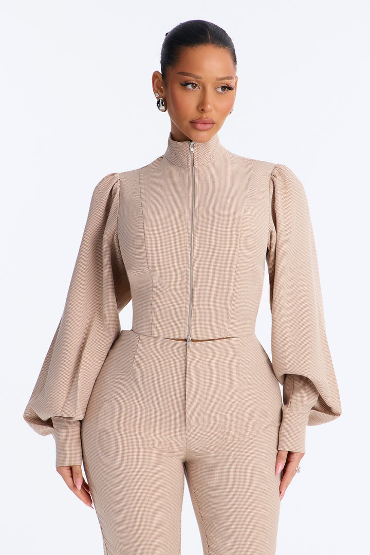 Darling Daywear Balloon Sleeve Mock Neck Plaid Jacket - Beige.