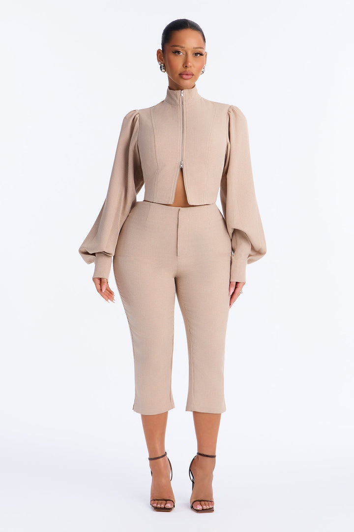 Darling Daywear Balloon Sleeve Mock Neck Plaid Jacket - Beige.