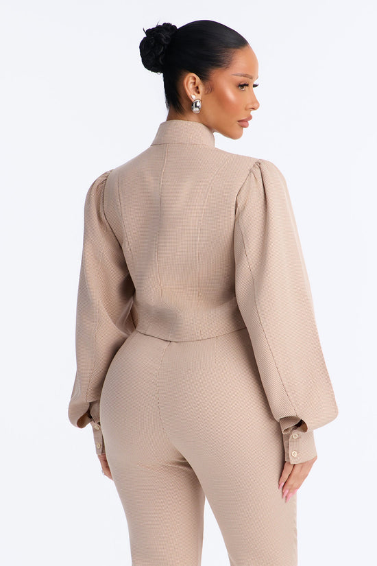 Darling Daywear Balloon Sleeve Mock Neck Plaid Jacket - Beige.