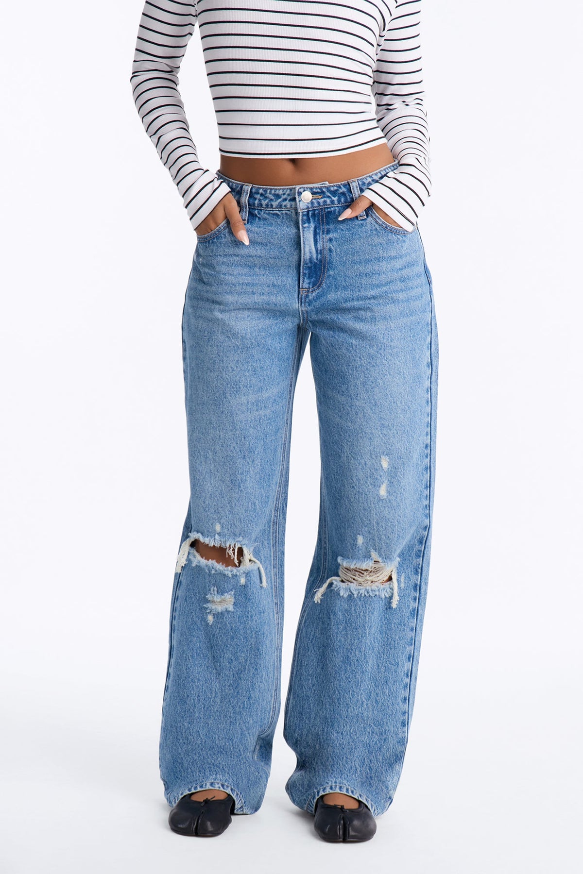 Malibu High Rise Ripped Straight Leg Jeans - Medium Wash.