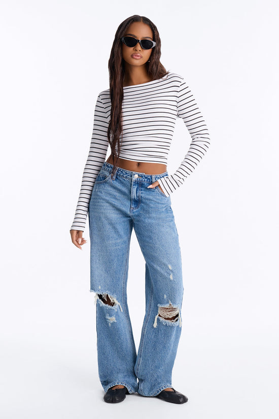 Malibu High Rise Ripped Straight Leg Jeans - Medium Wash.