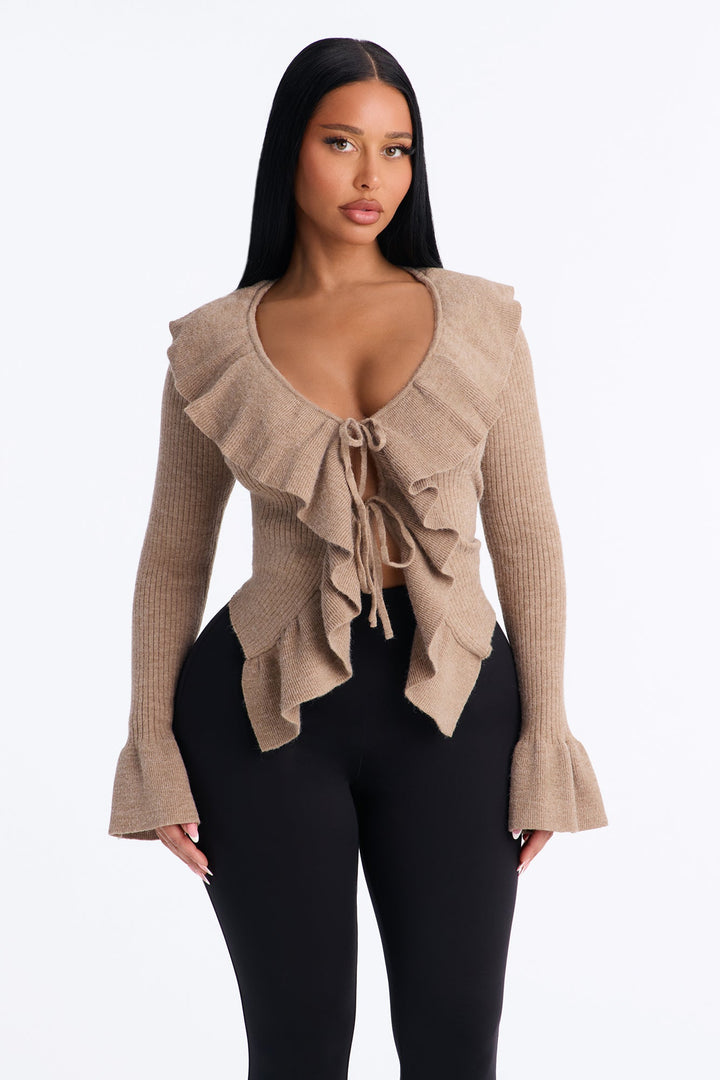 Jasmyn Flyaway Ruffle Cardigan Sweater - Taupe.