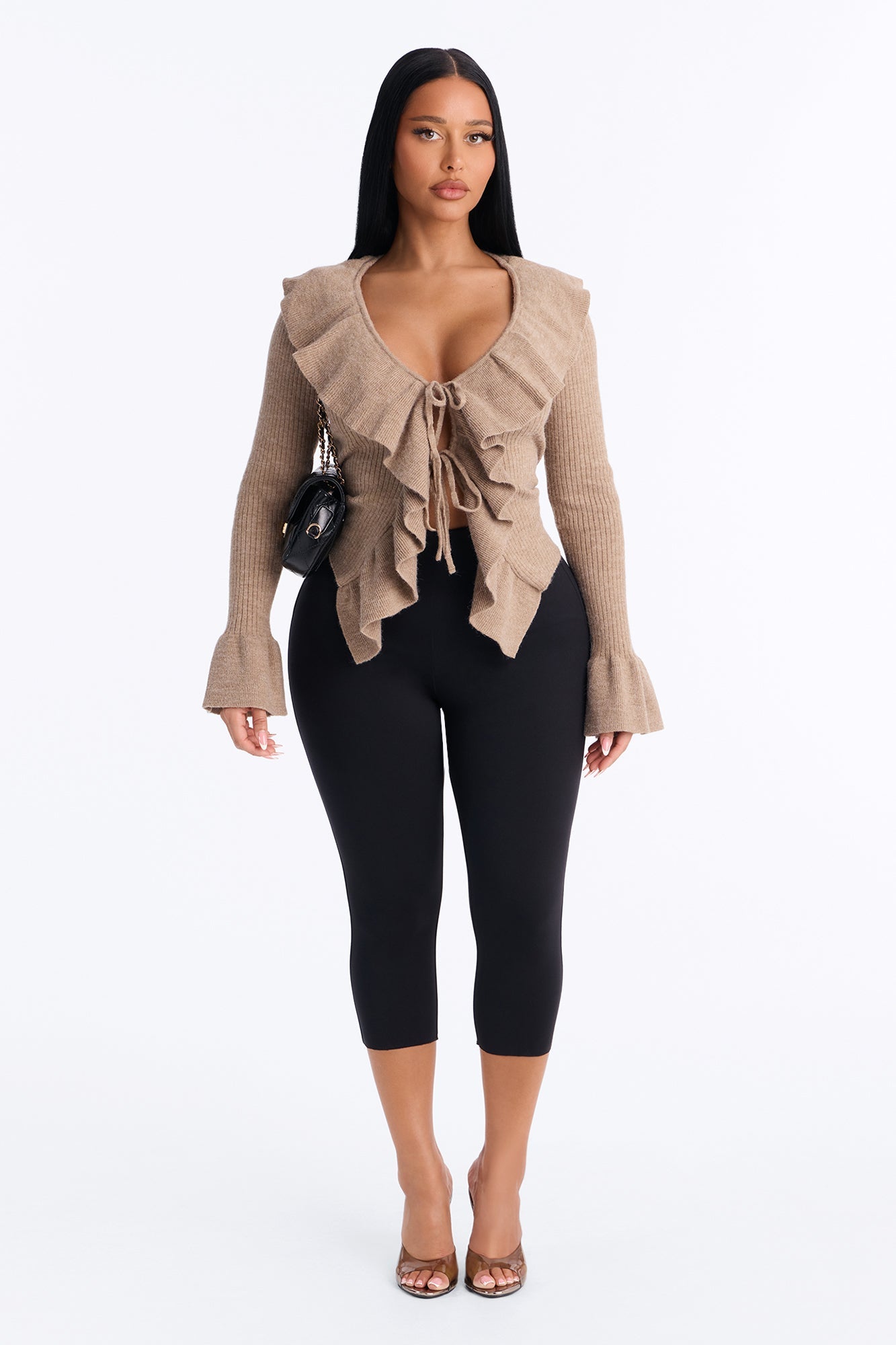 Jasmyn Flyaway Ruffle Cardigan Sweater - Taupe.