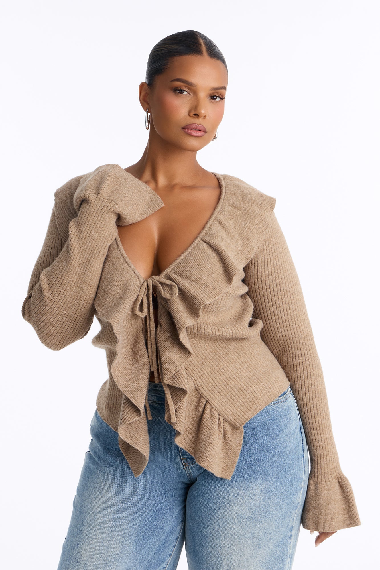 Jasmyn Flyaway Ruffle Cardigan Sweater - Taupe.
