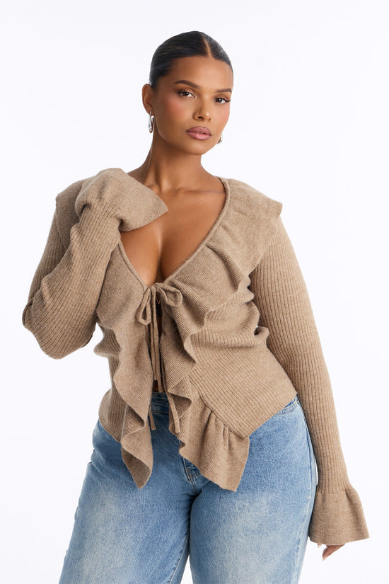 Jasmyn Flyaway Ruffle Cardigan Sweater - Taupe.