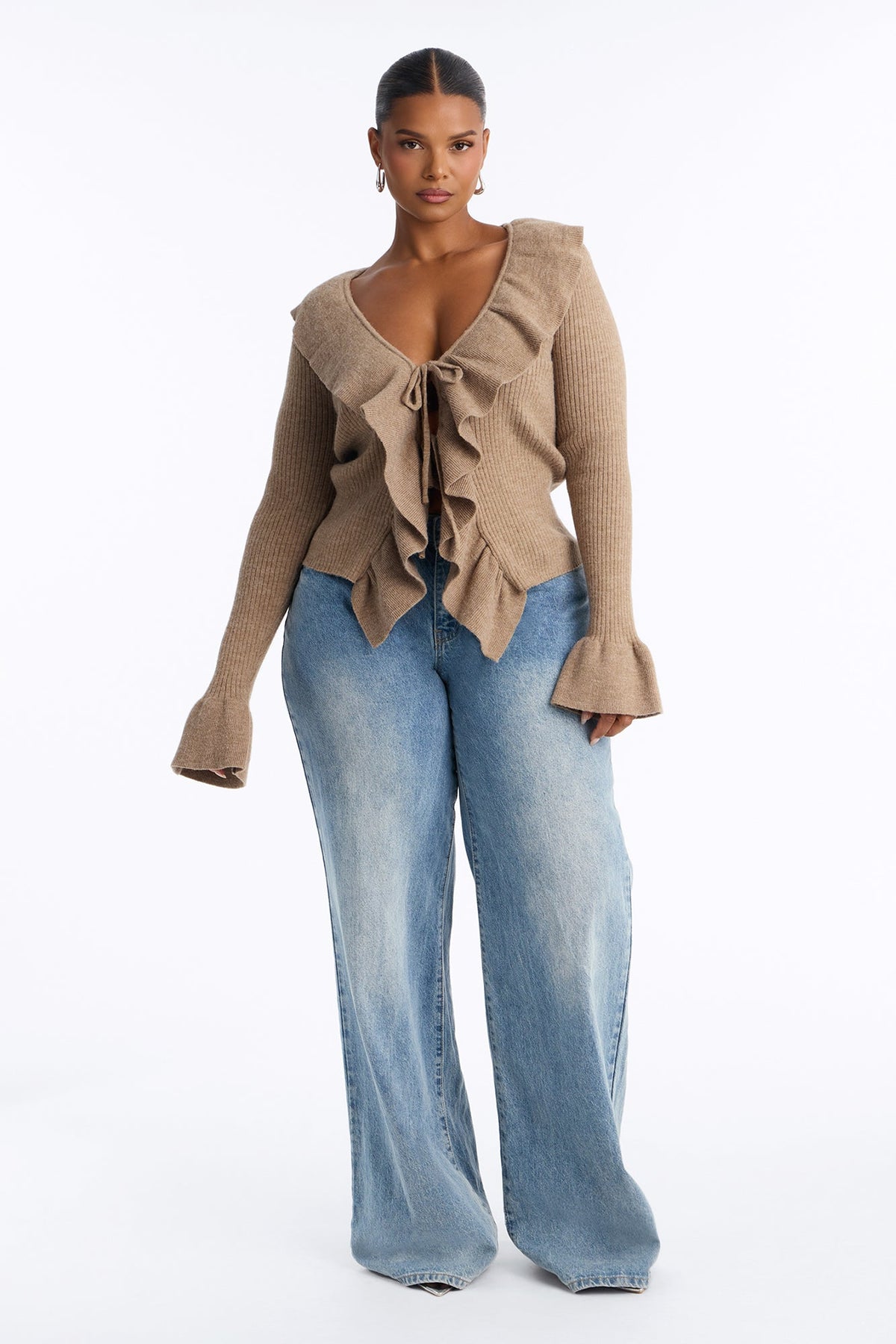 Jasmyn Flyaway Ruffle Cardigan Sweater - Taupe.