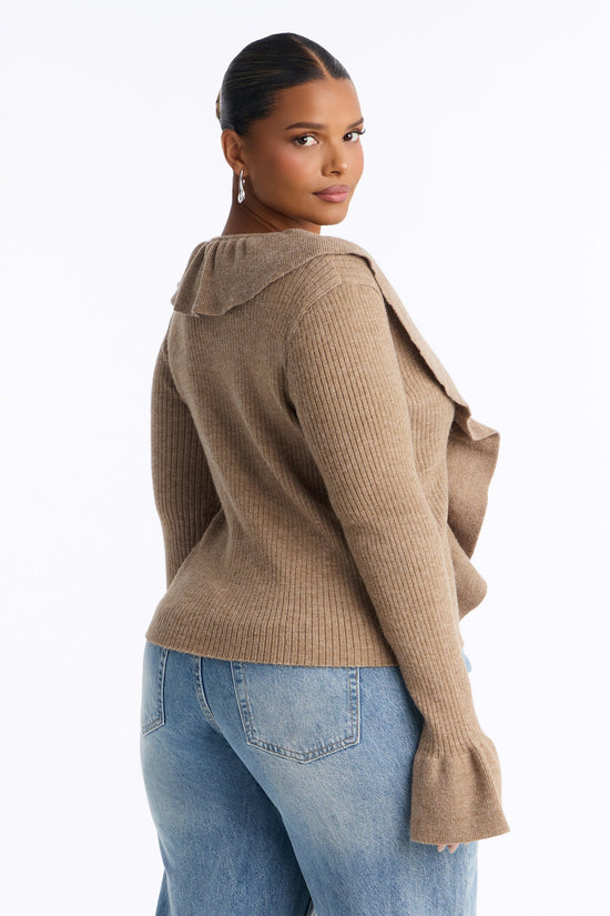 Jasmyn Flyaway Ruffle Cardigan Sweater - Taupe.